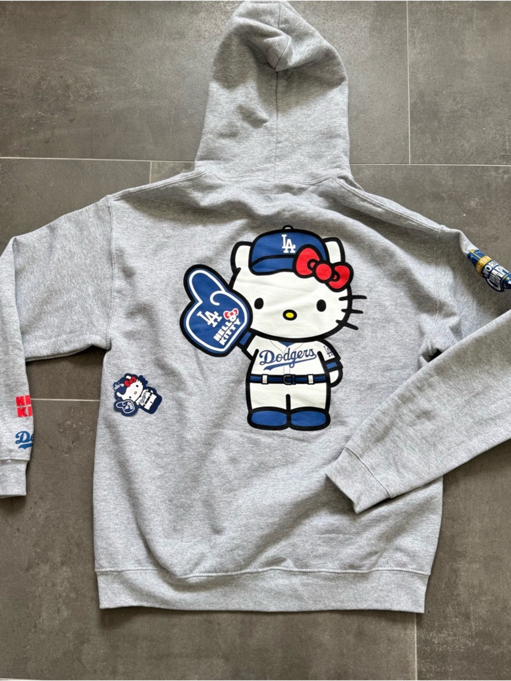 Hello Kitty x Dodgers Gray Pullover Hoodie with Blue & Red Accents